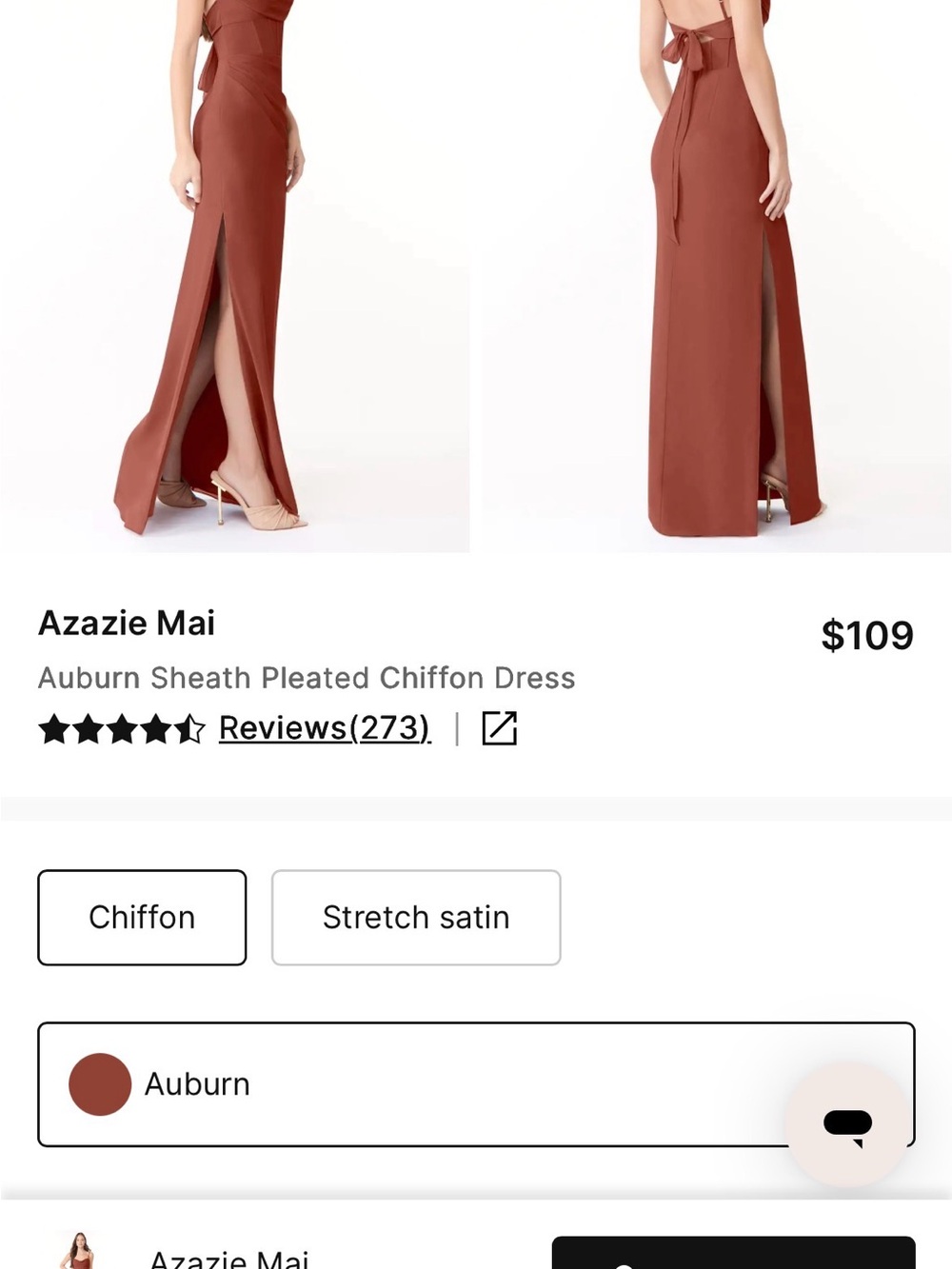 NWT Azazie Mai Bridesmaid Dress Gown Auburn 4 slit adjustable straps chiffon - Picture 8 of 14